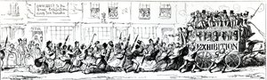 "Omnibuss to the Great Exhibition kymmenen minuutin välein", yksityiskohta Odds and Endsistä, sisään, ulos ja noin, 1851 (yksityiskohta 151675) tekijältä George Cruikshank
